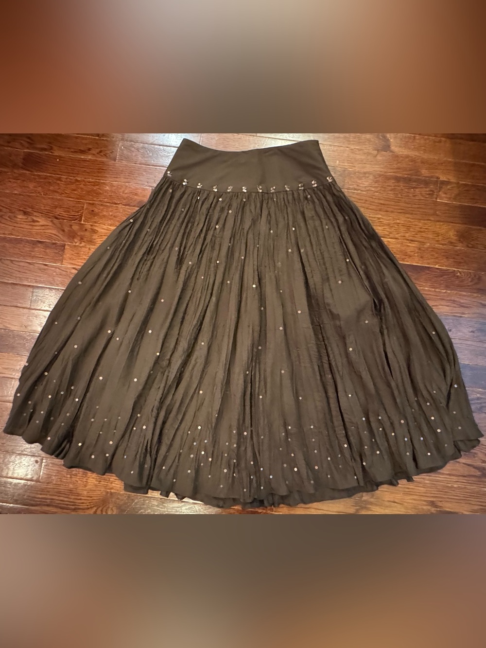 Y2K Laura Ashley Silk Beaded Sequin Maxi Broomstick Skirt Dark Chocolate Brown 4